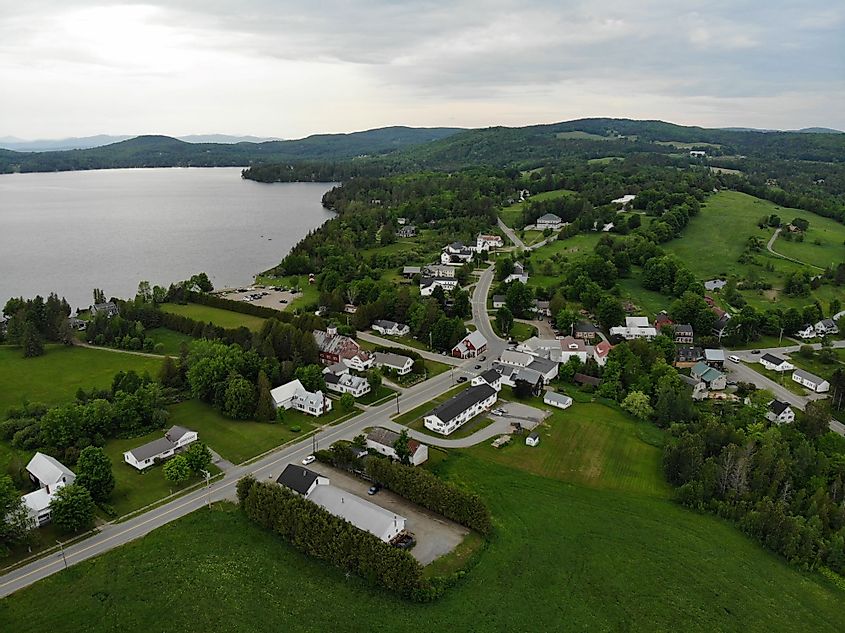 Aerial view of Greensboro, Vermont with Caspian Lake in the background