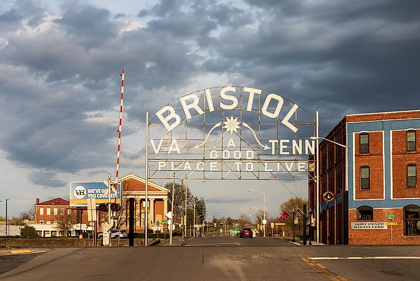 The Bristol Virginia-Tennessee Slogan sign, a landmark in the twin cities, is positioned over State Street at the railroad tracks. 