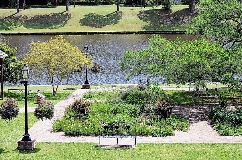 The colorful downtown park of historic Natchitoches, Louisiana, sits by the Cane River Lake.