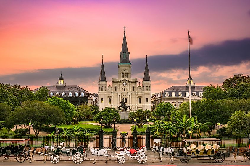 St. Louis Cathedral and Jackson Square in New Orleans, Louisiana, at twilight.