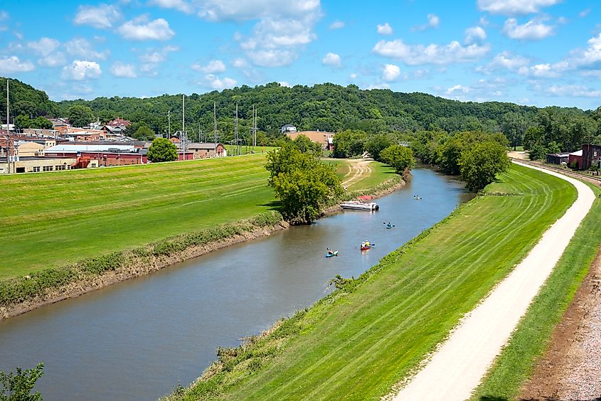 Aerial view of the Galena River flowing through Galena, Illinois.