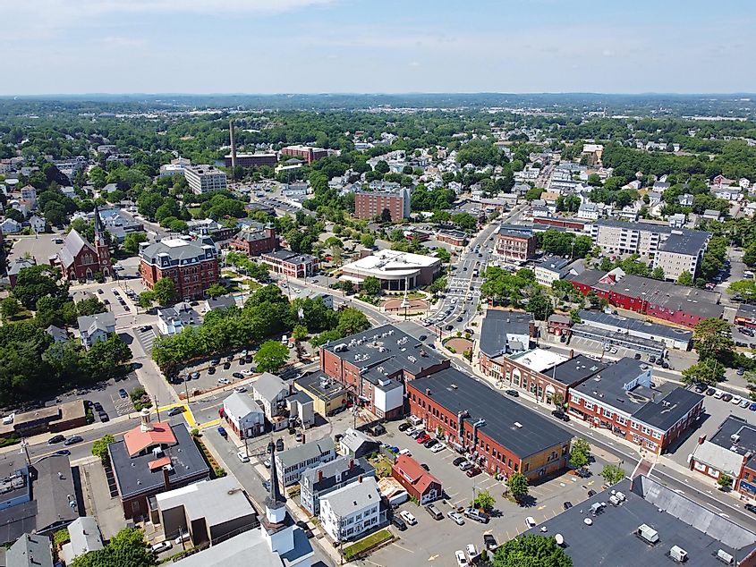 Aerial view of historic commercial buildings on Main Street in downtown Peabody, Massachusetts