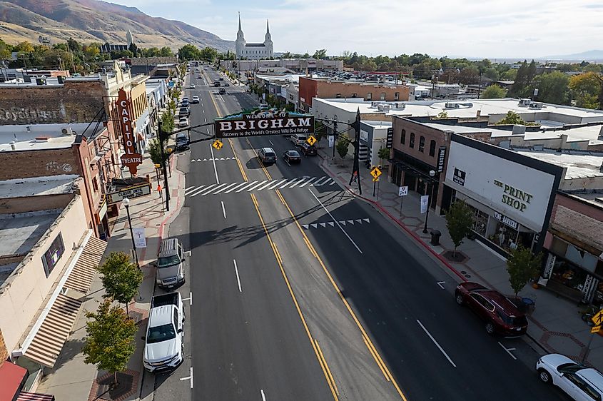 Moab city center and historic buildings aerial view in summer, Utah