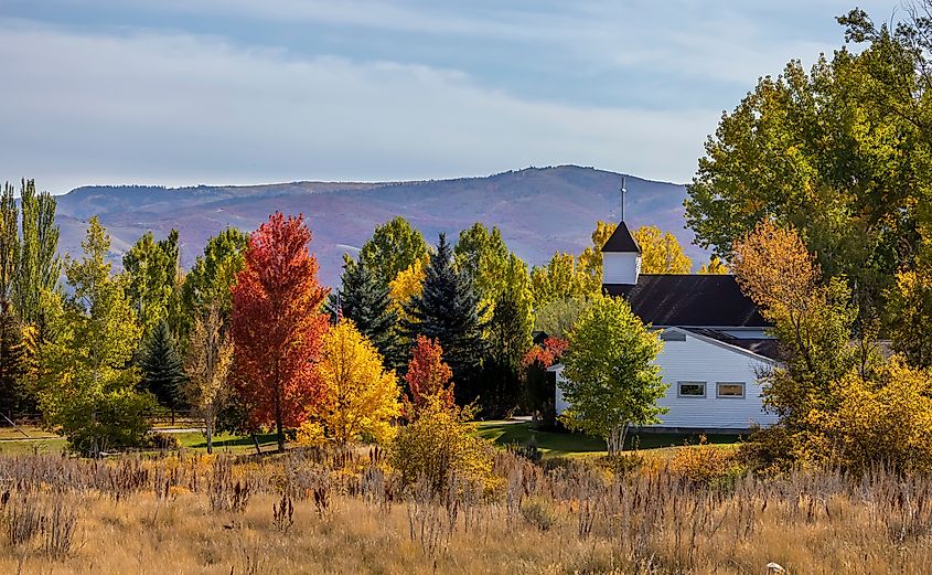 St Florence catholic church in Huntsville, Utah during autumn time