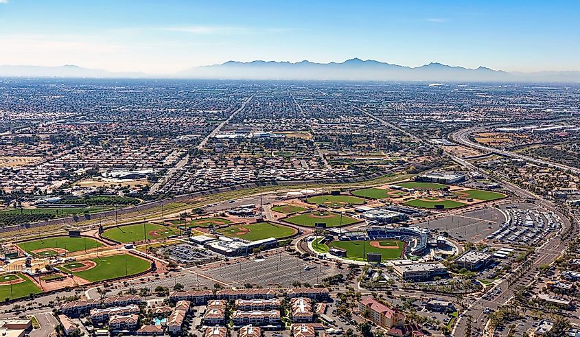 Aerial view of Peoria Stadium and surrounding areas in Peoria, Arizona