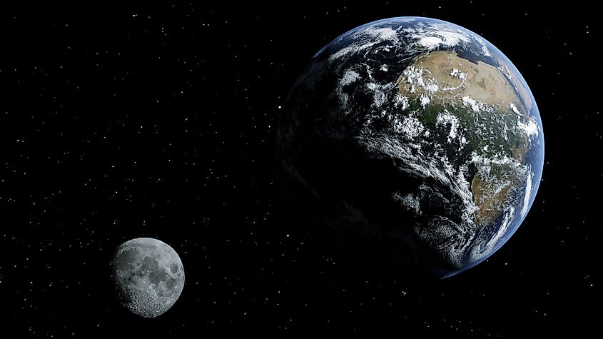 A view of the Earth and Moon in space.