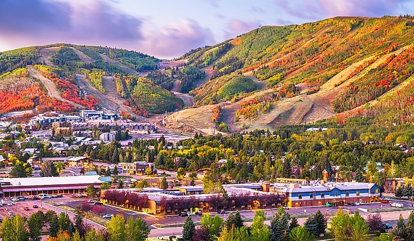Looking out over Park City, Utah, USA downtown in autumn at dusk.