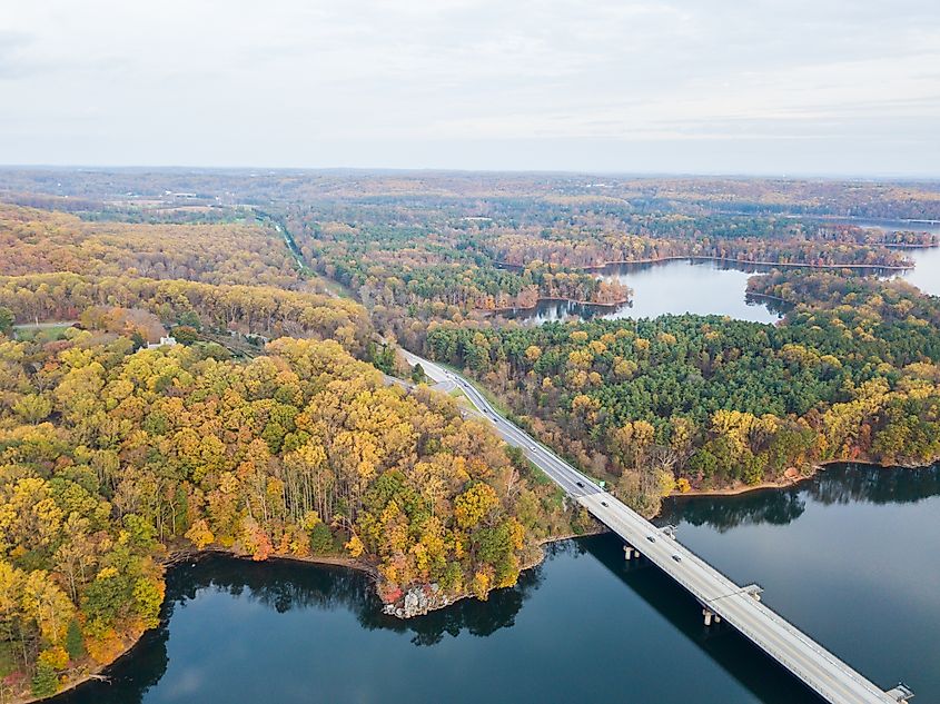 Aerial view of Loch Raven Reservoir in Baltimore County, Maryland, during fall.