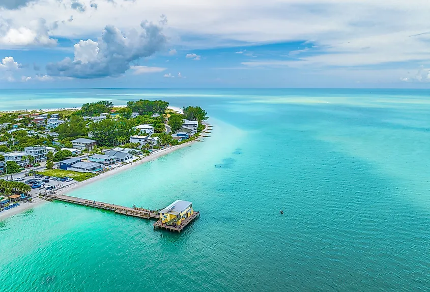 Aerial view of the fishing pier at Holmes Beach on Anna Maria Island, Florida.