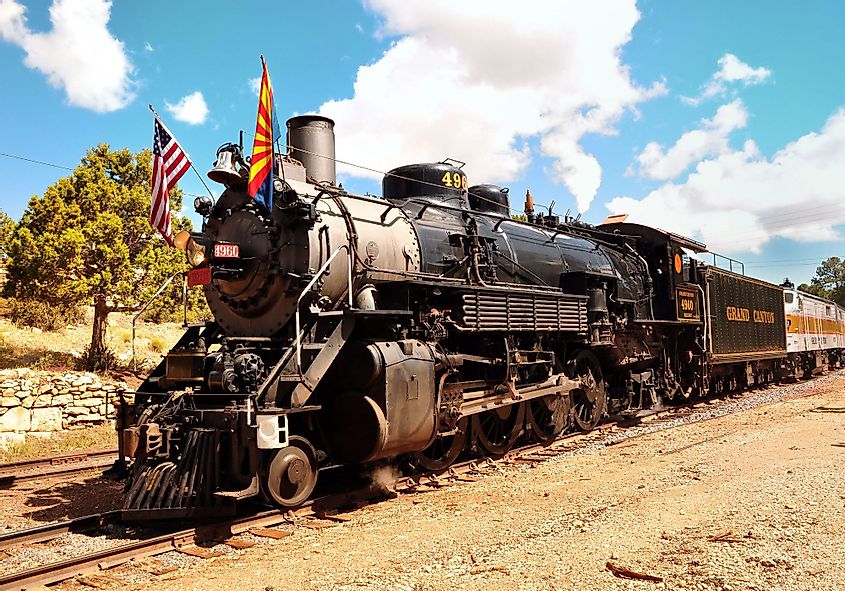Vintage Steam Locomotive of the Grand Canyon Railway at a station in Grand Canyon Village, Arizona