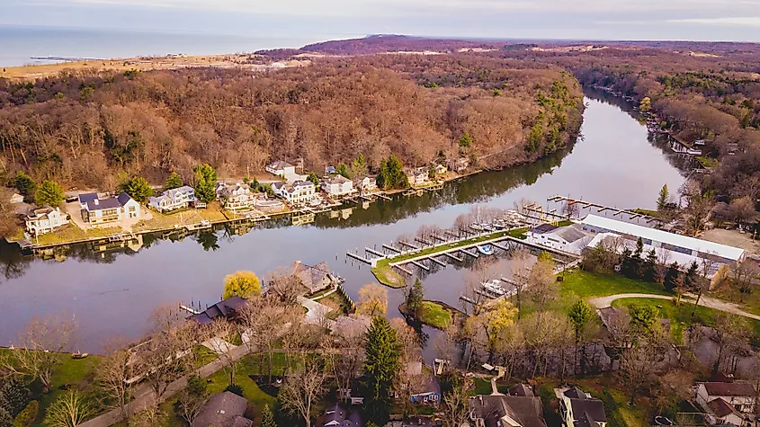 The Kalamazoo river running through Saugatuck, Michigan.