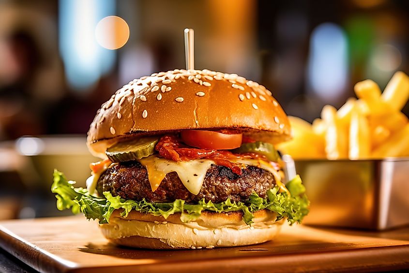 cheeseburger with tomatoes and pickles with a wooden stick on top and fries