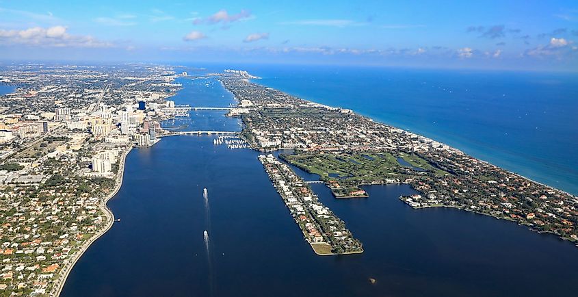 Aerial view of downtown West Palm Beach, Florida and the upscale island of Palm Beach