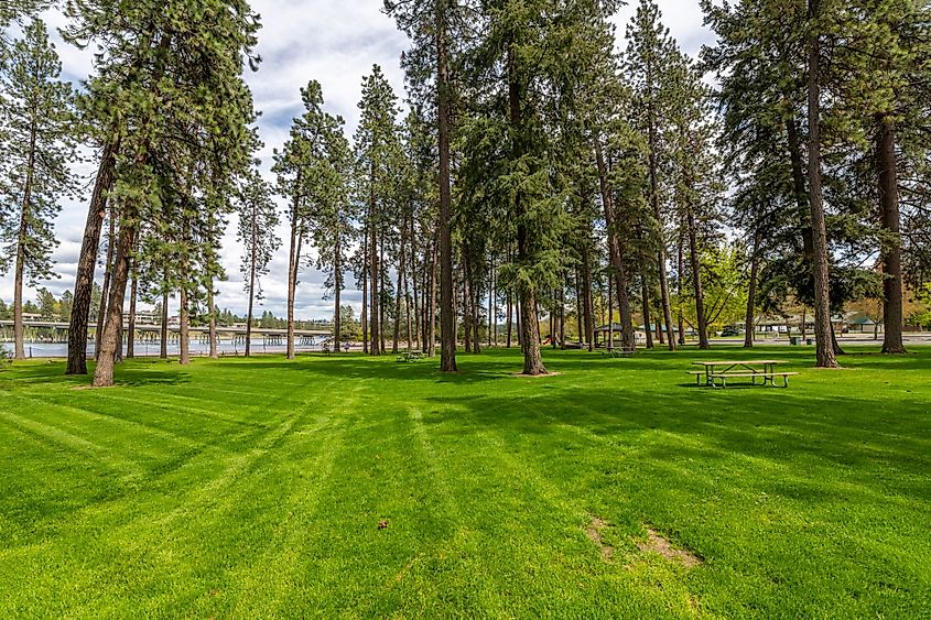 Q'emiln Park along the Spokane River in the waterfront city of Post Falls, Idaho