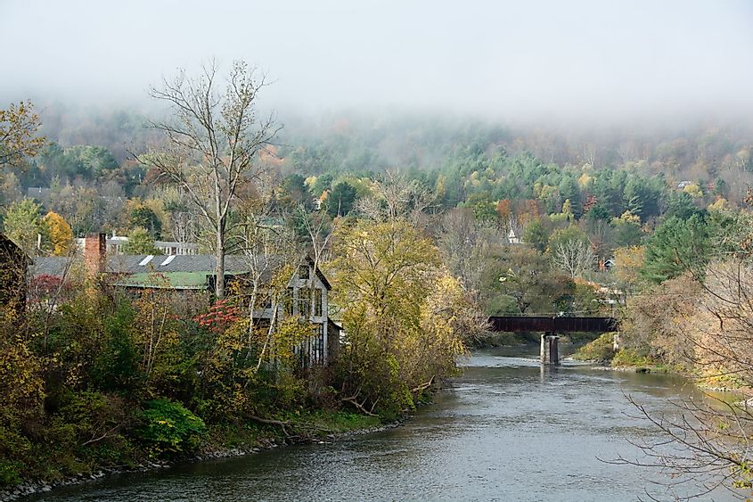 Mist rises above the Winooski River on the eastern edge of Montpelier, Vermont