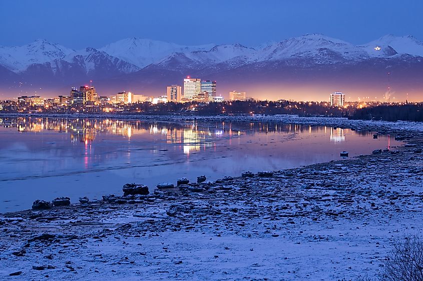 A snowy evening view of Anchorage, Alaska.