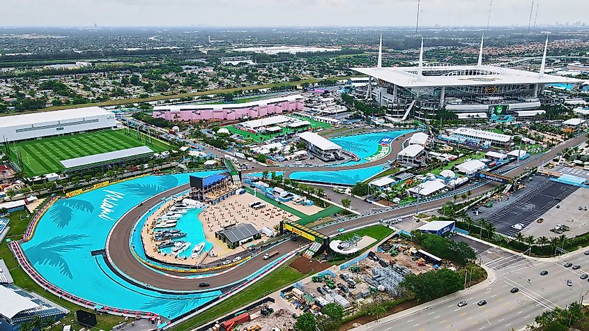 Aerial view on F1 Circuit and Hard Rock Stadium