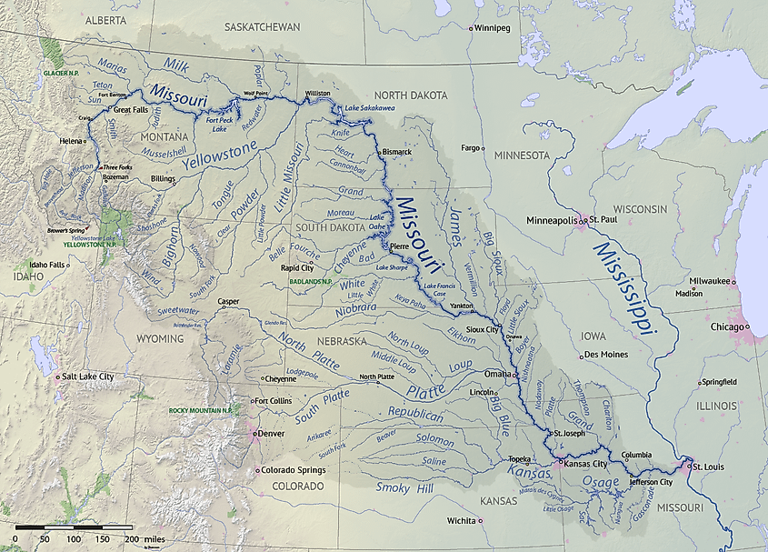 Map of the Missouri River and its tributaries in North America. Eventually, the Missouri meets with the Mississippi. Credit: By Shannon1 - Own work, CC BY-SA 4.0, https://commons.wikimedia.org/w/index.php?curid=67852261