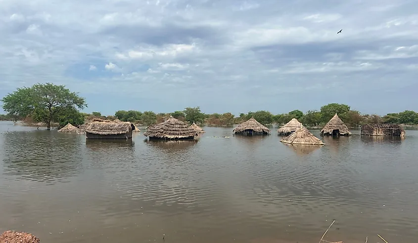 Flood affected deserted houses South Sudan