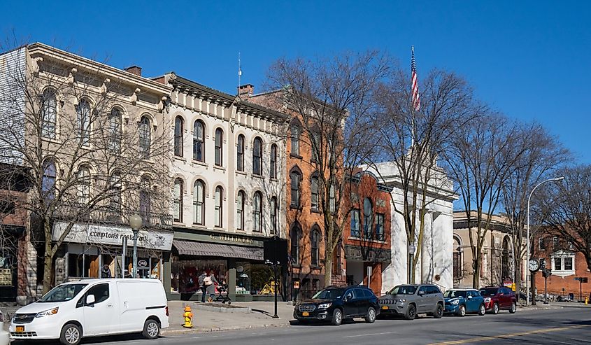 A landscape view of downtown Saratoga Springs shopping district on Broadway