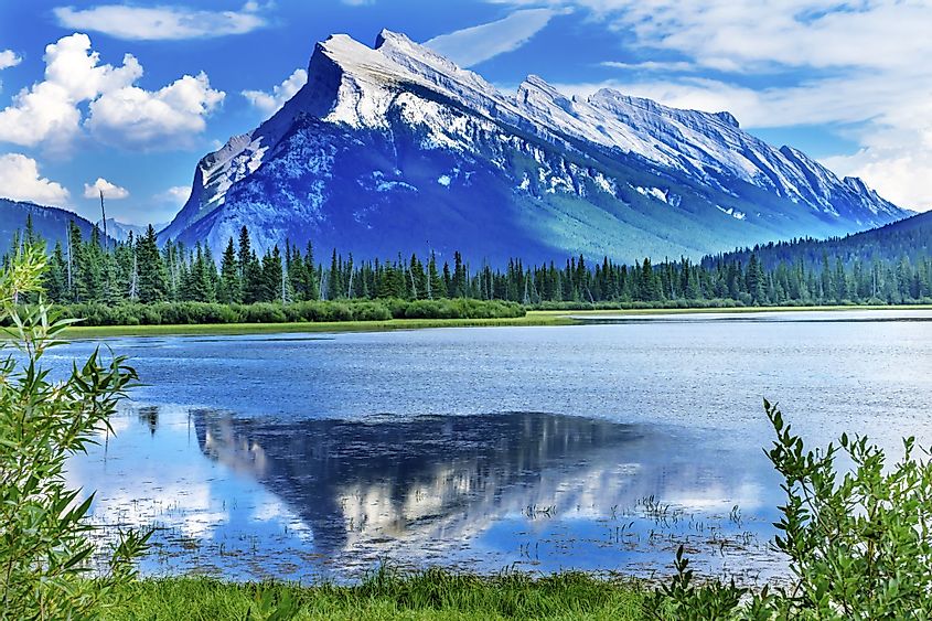 A view of Mount Inglismaldie and Lake Minnewanka in Banff National Park, Alberta, Canada. 