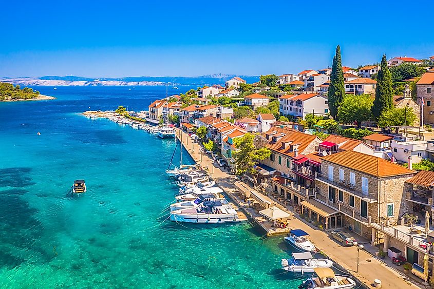 Aerial view of Stomorska, a charming coastal village on Solta Island, Croatia.
