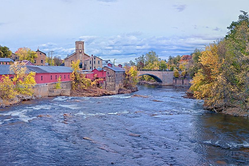 View over river of small town Keeseville