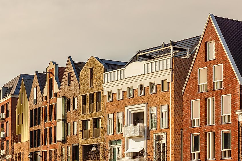 Sunset view of contemporary canal houses in Zwolle, The Netherlands.