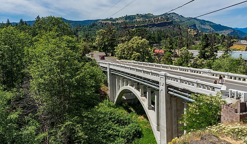 Aerial view of a bridge in Mosier, Oregon.