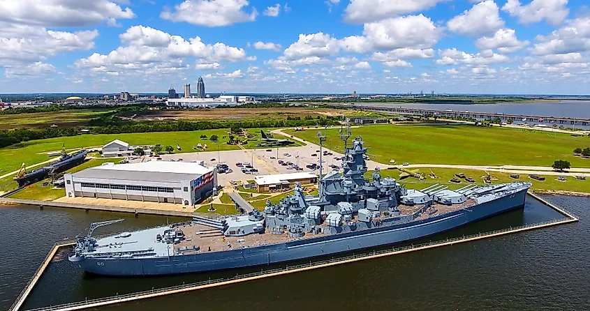 Aerial view of the USS Alabama battleship in Mobile Bay, Alabama