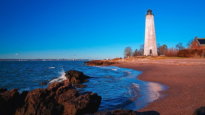 New Haven Lighthouse, built in 1847, at the Lighthouse Point Park of the Eastern Beachfront of New Haven Harbor in Connecticut, United States