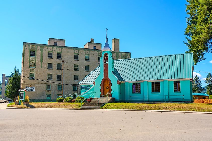 Metaline Falls, Washington USA - August 7 2023: Exterior view of the Metaline Falls Congregational United Church of Christ, in the rural small town in Pend Oreille County near the Northern border.