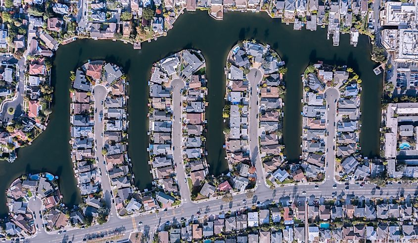 Aerial view of suburban homes in Alameda. 