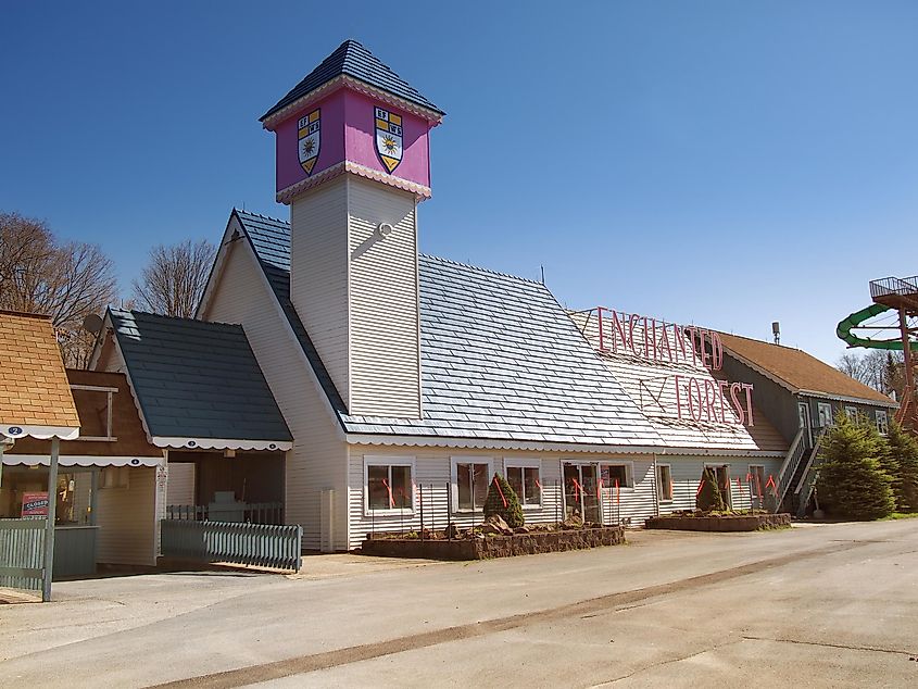 Entrance to Enchanted Forest Water Safari, New York's Largest Water Theme Park, located in Old Forge, New York, USA.