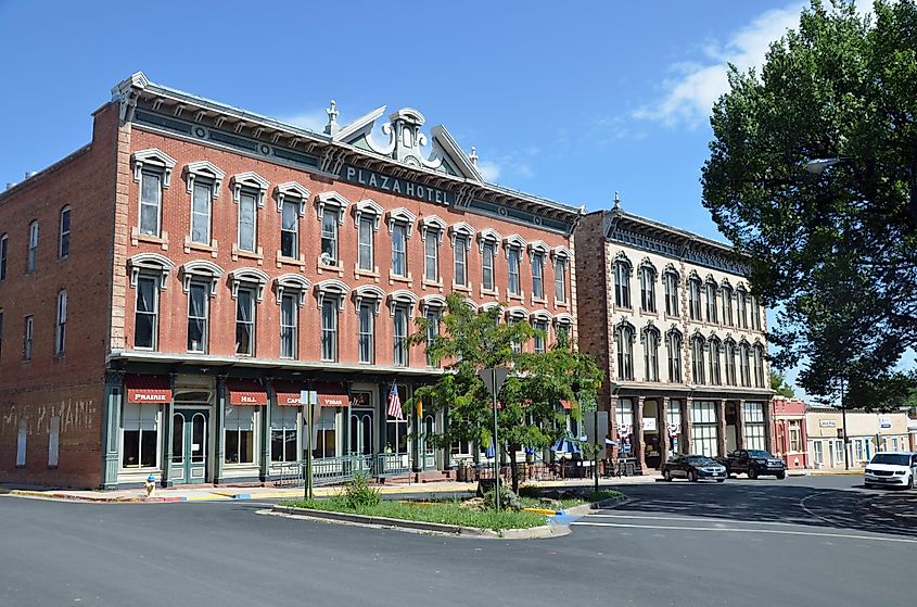 Las Vegas, New Mexico, USA - August 26, 2022: the historic Plaza Hotel on Plaza Square has been used frequently as a film location.