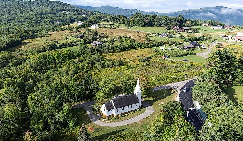 Drone shot of St Matthew's Church in Sugar Hill New Hampshire