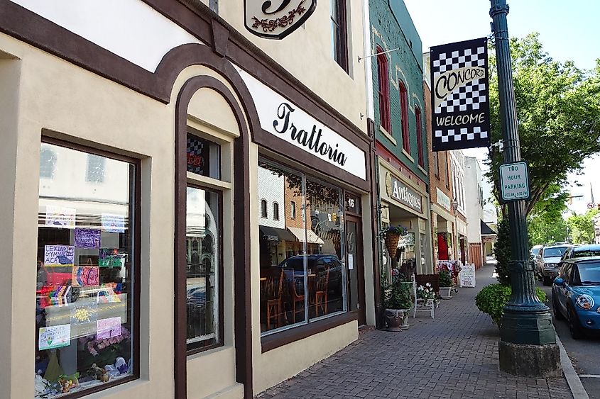 Shops in the center of town in Concord, North Carolina