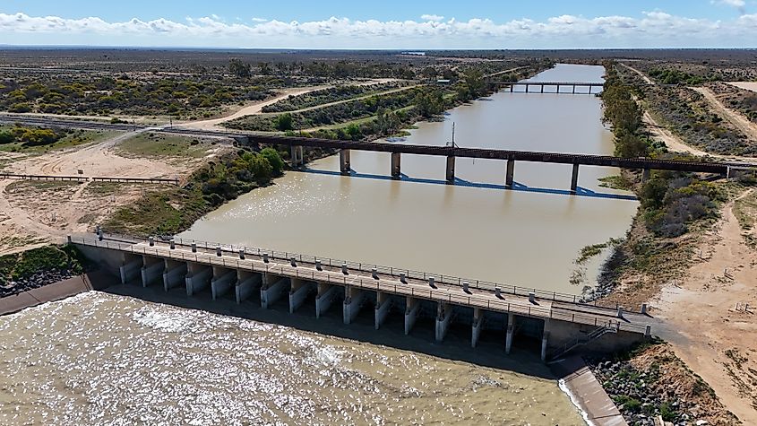 Rail bridge crossing channel at Menindee Lakes