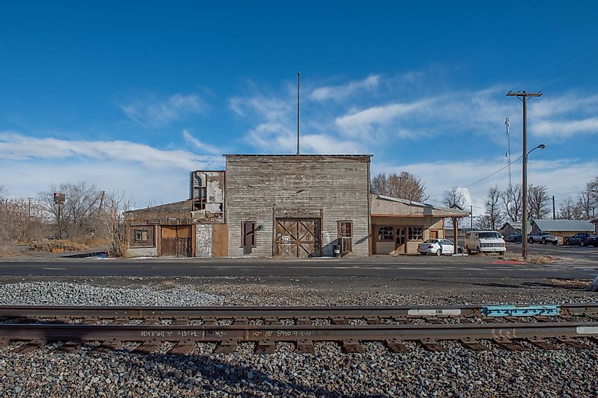 An old abandoned wooden storage warehouse building in Lovelock, Nevada