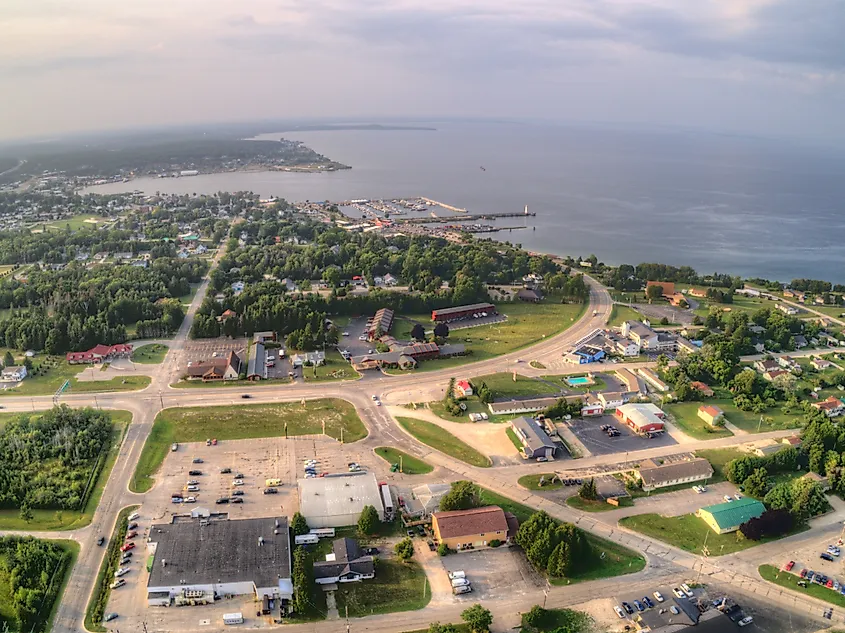 Aerial view of St. Ignace is a Small Town in Northern Michigan by Mackinaw Bridge.