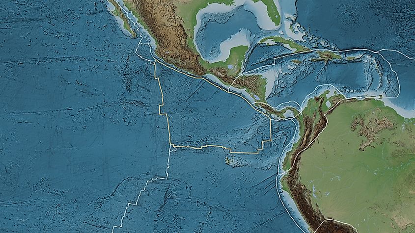 Area of The Cocos tectonic plate marked with a solid yellow ine