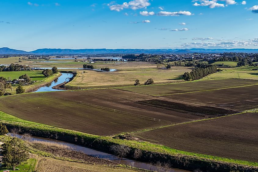 Aerial drone view of rural farmland in Maitland, New South Wales
