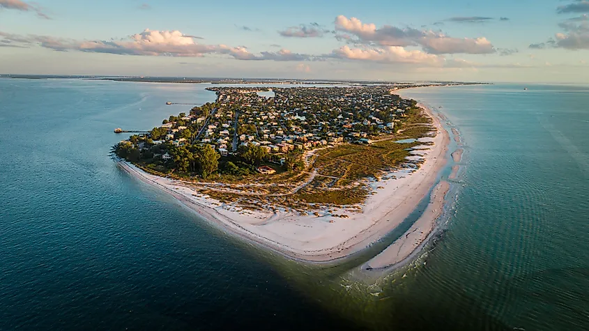 Beautiful aerial shot of Bean Point Beach in Anna Maria Island during sunset.