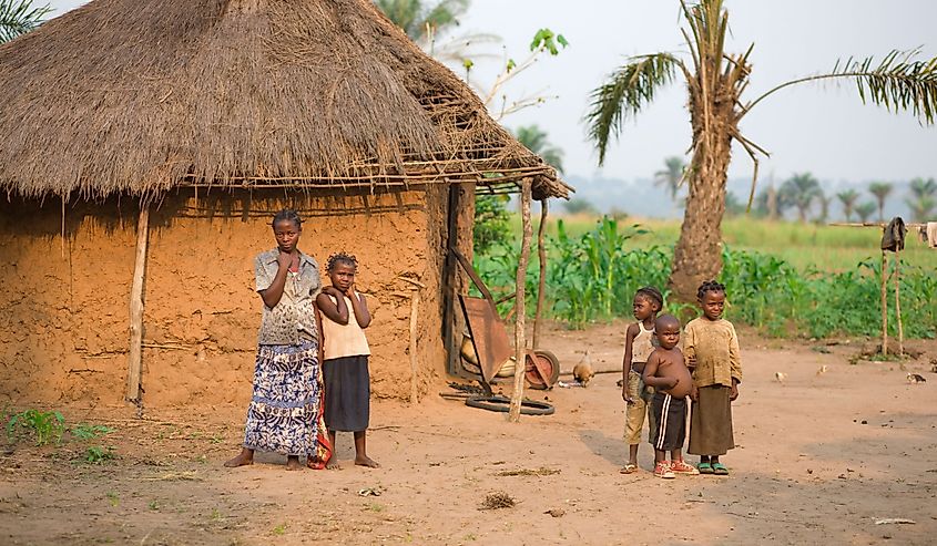 LUKONGA, DEMOCRATIC REPUBLIC OF CONGO - CIRCA SEPTEMBER 2008. UNICEF mission against tetanus. Village children near their house