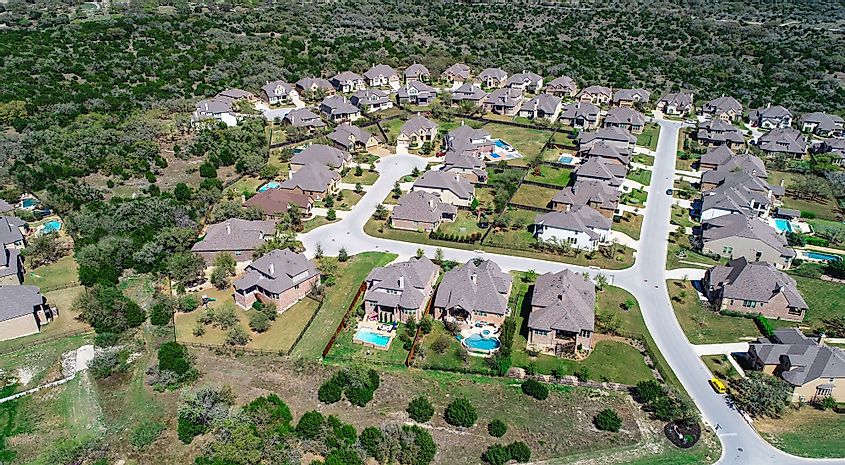 Aerial view of a suburb in Dripping Springs, Texas