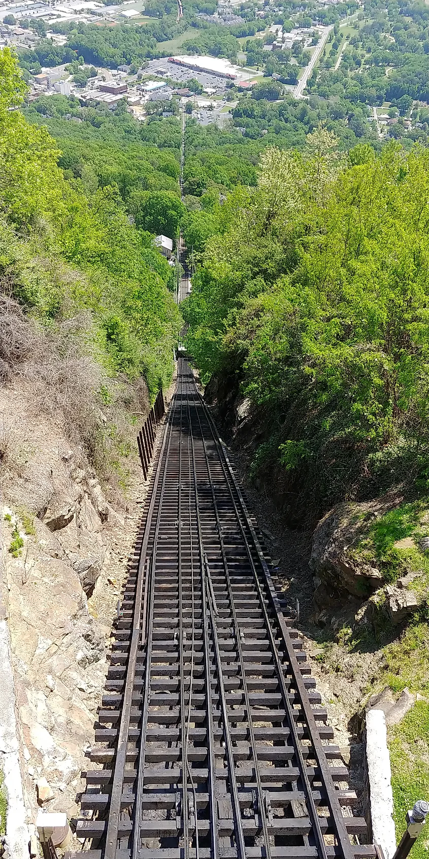 The view looking down the near-vertical track of the Lookout Mountain Incline.