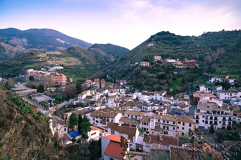 Aerial view of the mountain town of Monachil, Spain.