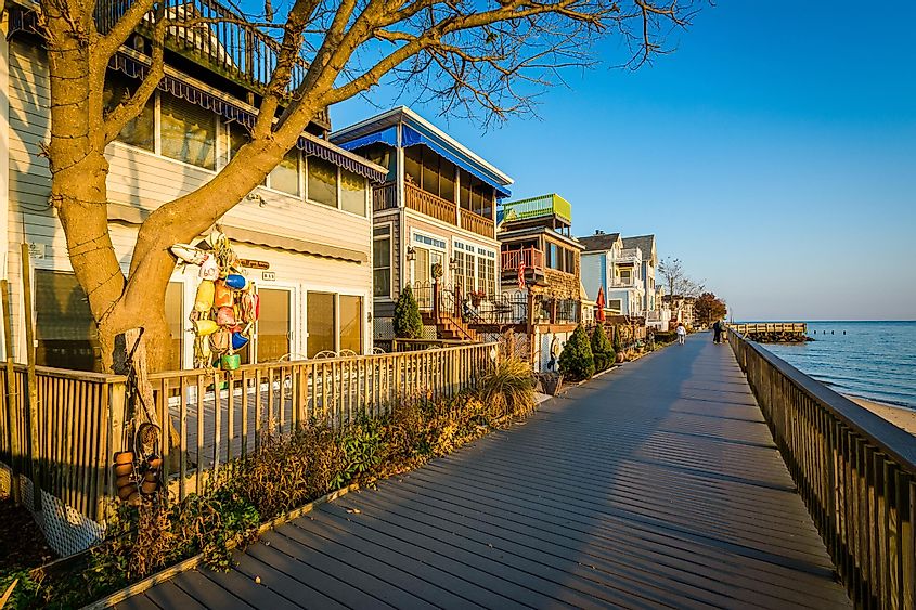 Waterfront houses and boardwalk in North Beach, Maryland.