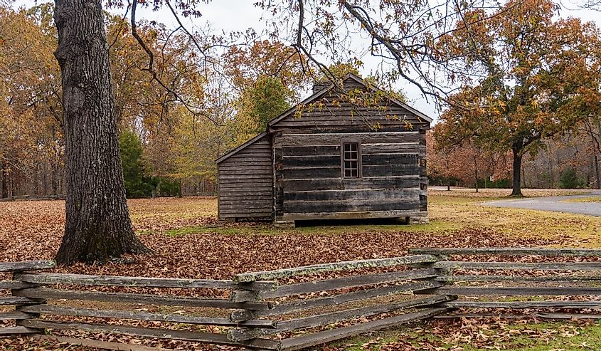 Log cabin marks the site of Grinder’s Stand where Meriwether Lewis died while traveling on the Natchez Trace.