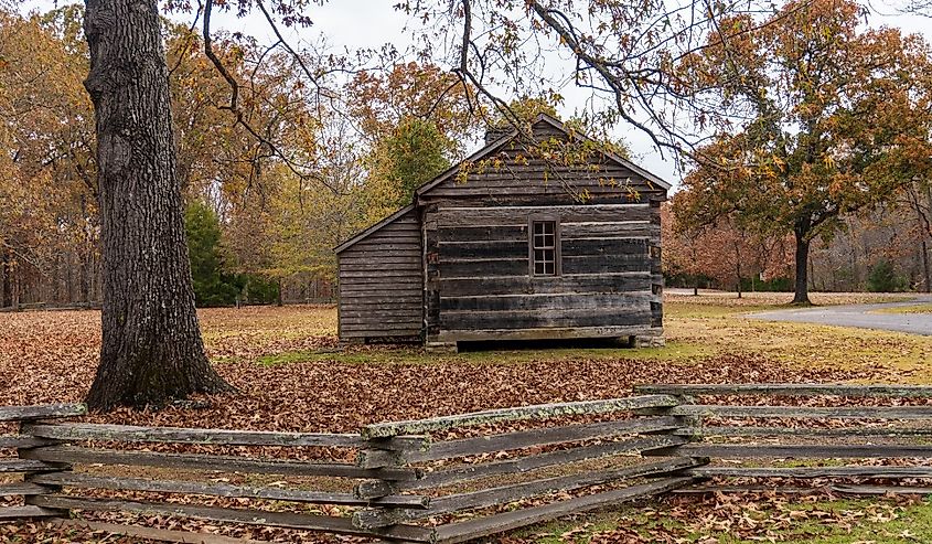 Log cabin marks the site of Grinder’s Stand where Meriwether Lewis died while traveling on the Natchez Trace.